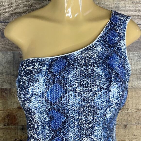 Superdown Renee Mini Dress One Shoulder Blue Snake Print Sequin Size Medium - Picture 2 of 10